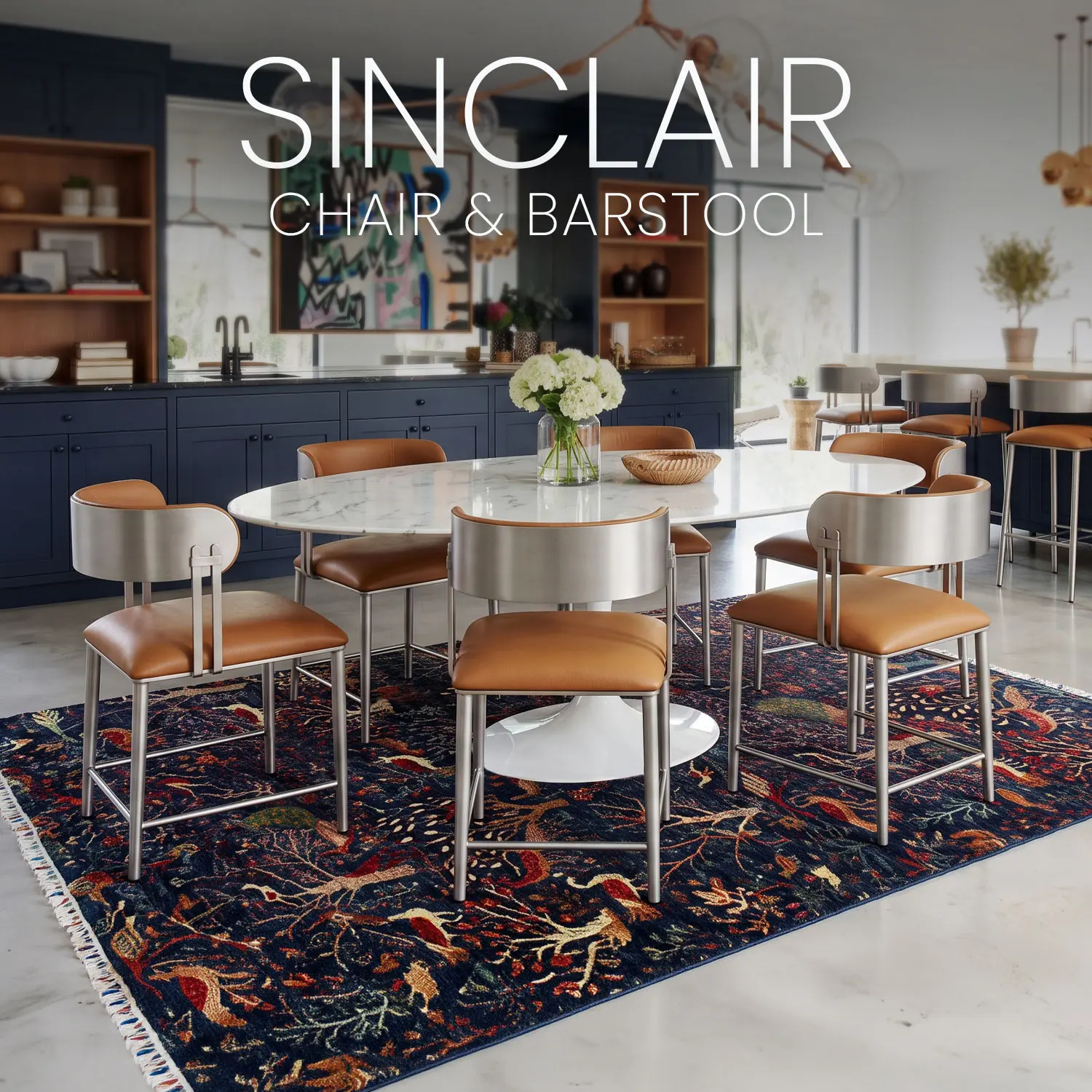 Eight Sinclair dining chairs in Hand Brushed Champagne Finish with Dillon Luggage Vinyl around a white modern table in an open-concept dining room With the Sinclair barstools in the background.