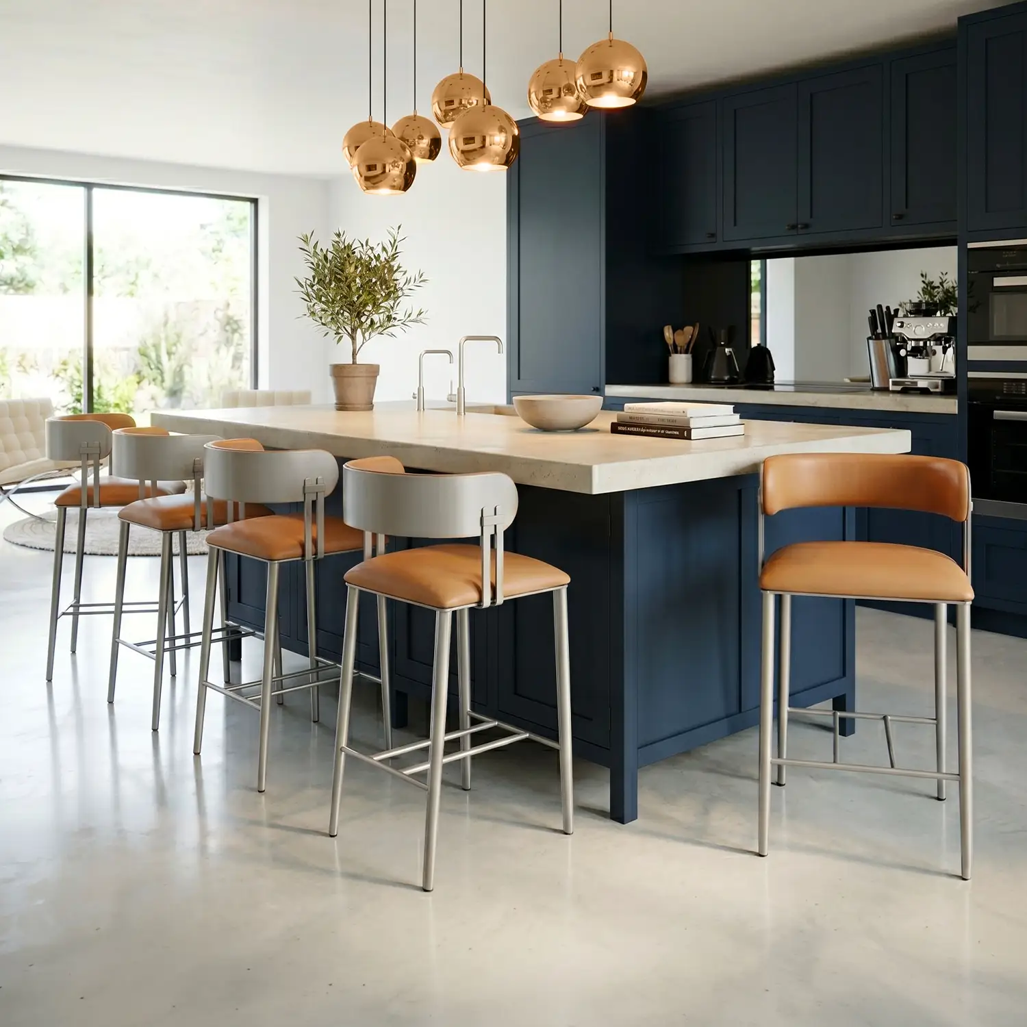Sinclair Barstool B807H26XS shown in Opaque Light Silver Finish with Dillon Luggage Vinyl. The Sinclair barstool is shown in a lifestyle image of a modern kitchen with dark black & navy cabinets with a nartural stone counter top with copper accents. Five barstools sit up against an island.