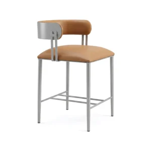 Sinclair Barstool B807H26XS shown in Opaque Light Silver Finish with Dillon Luggage Vinyl. The barstool is shown from an angle view.