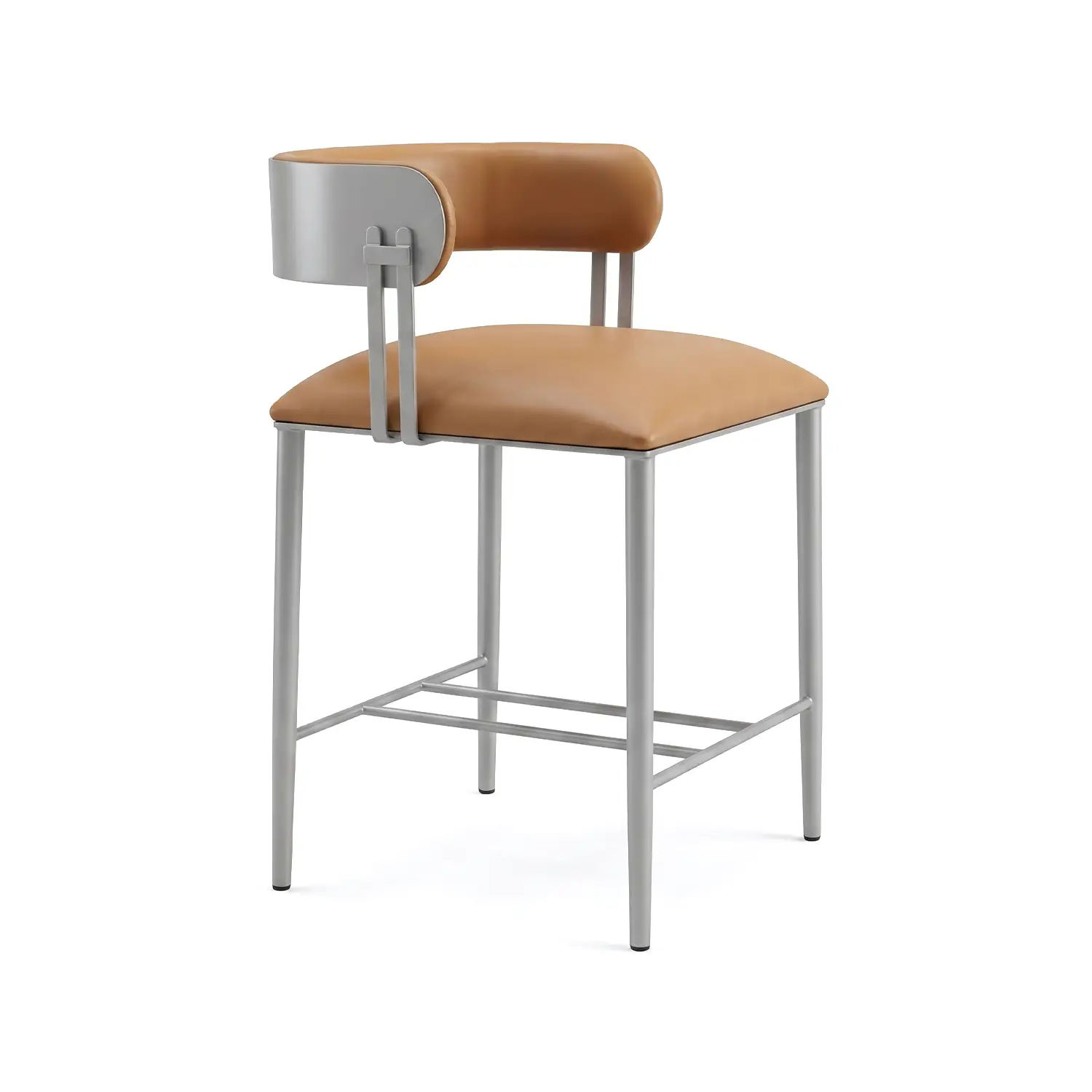 Sinclair Barstool B807H26XS shown in Opaque Light Silver Finish with Dillon Luggage Vinyl. The barstool is shown from an angle view.