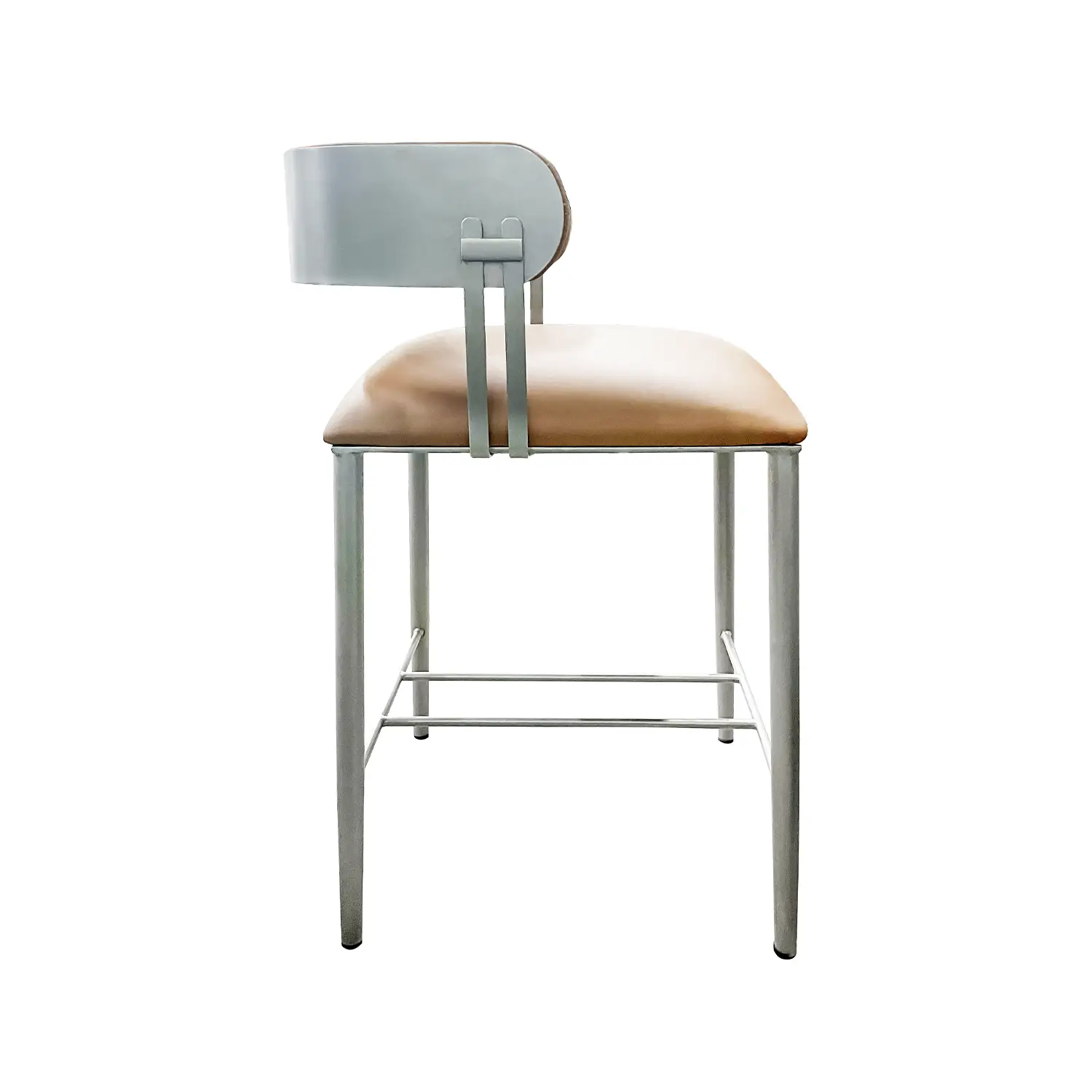 Sinclair Barstool B807H26XS shown in Opaque Light Silver Finish with Dillon Luggage Vinyl. The barstool is shown from an side side.