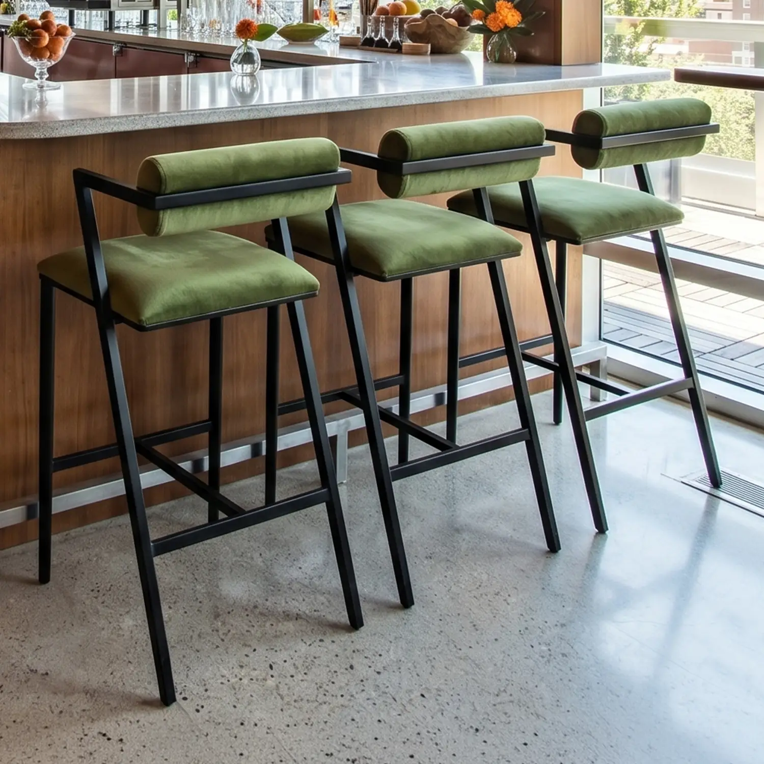 Solaris shown in Matte Black Finish with Zen Dawn Performance Fabric. Shown in a lifestyle image in a modern midcentury bar.
