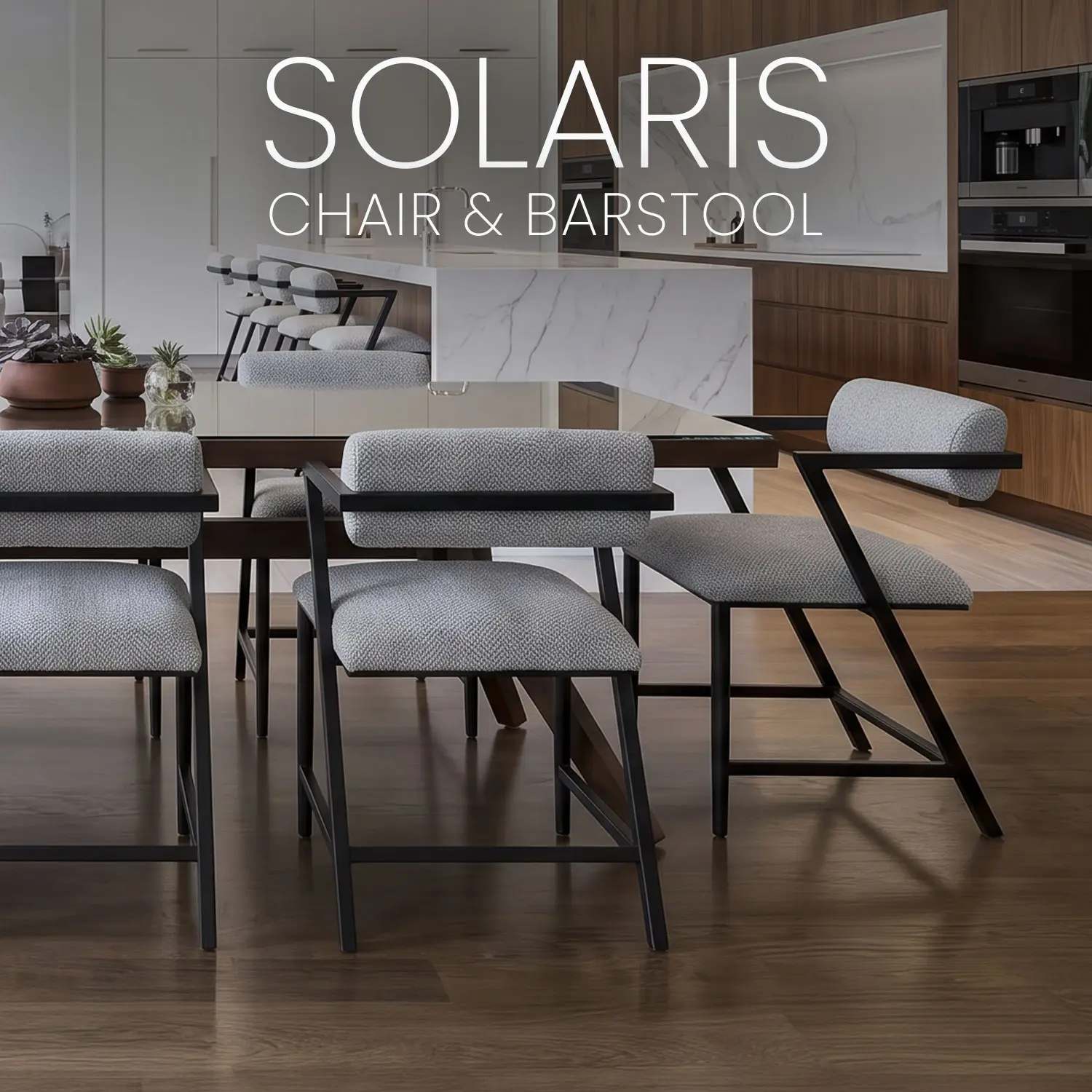 Eight Solaris chairs around a wood and glass table top table in an open concetp dining room. Shown in Matte Black with Zen Dawn Perfromance fabric. The barstools are shown in the background.