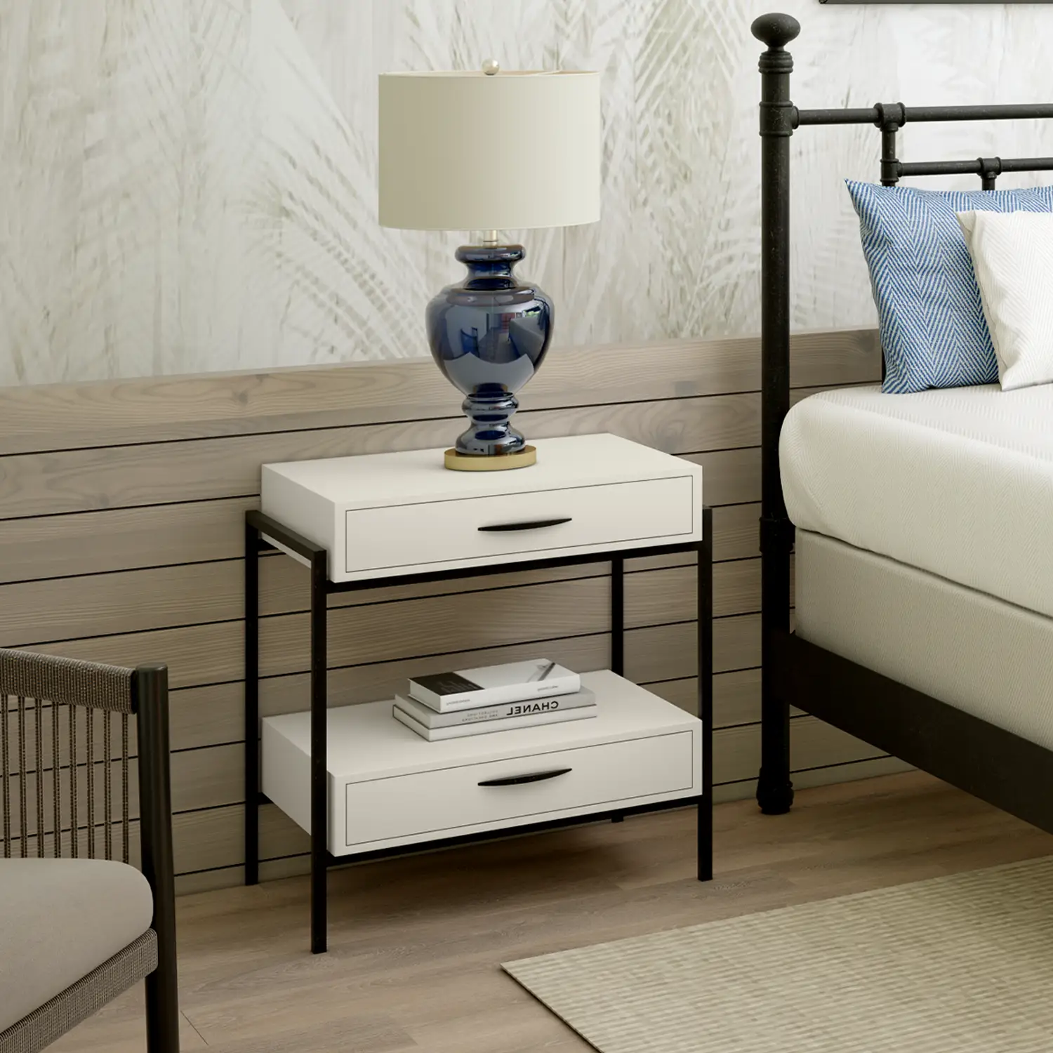 Toki Nightstand shown in Vanilla Bean Wood Finish with Black Suede Finsih for the hardware. Shown with the Blake bed.