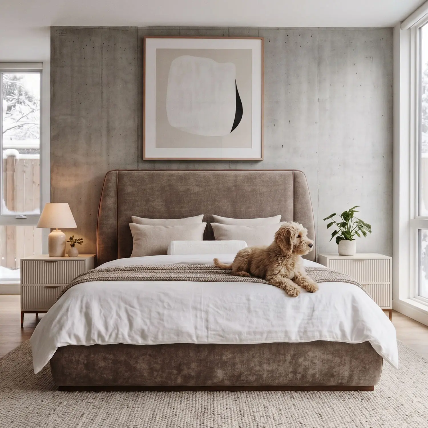 Wesley Allen Laurent upholstered bed in Hand Brushed Copper Bliss finish and Verona Wheat fabric, styled in a modern minimalist bedroom with neutral decor and Nova nightstands.