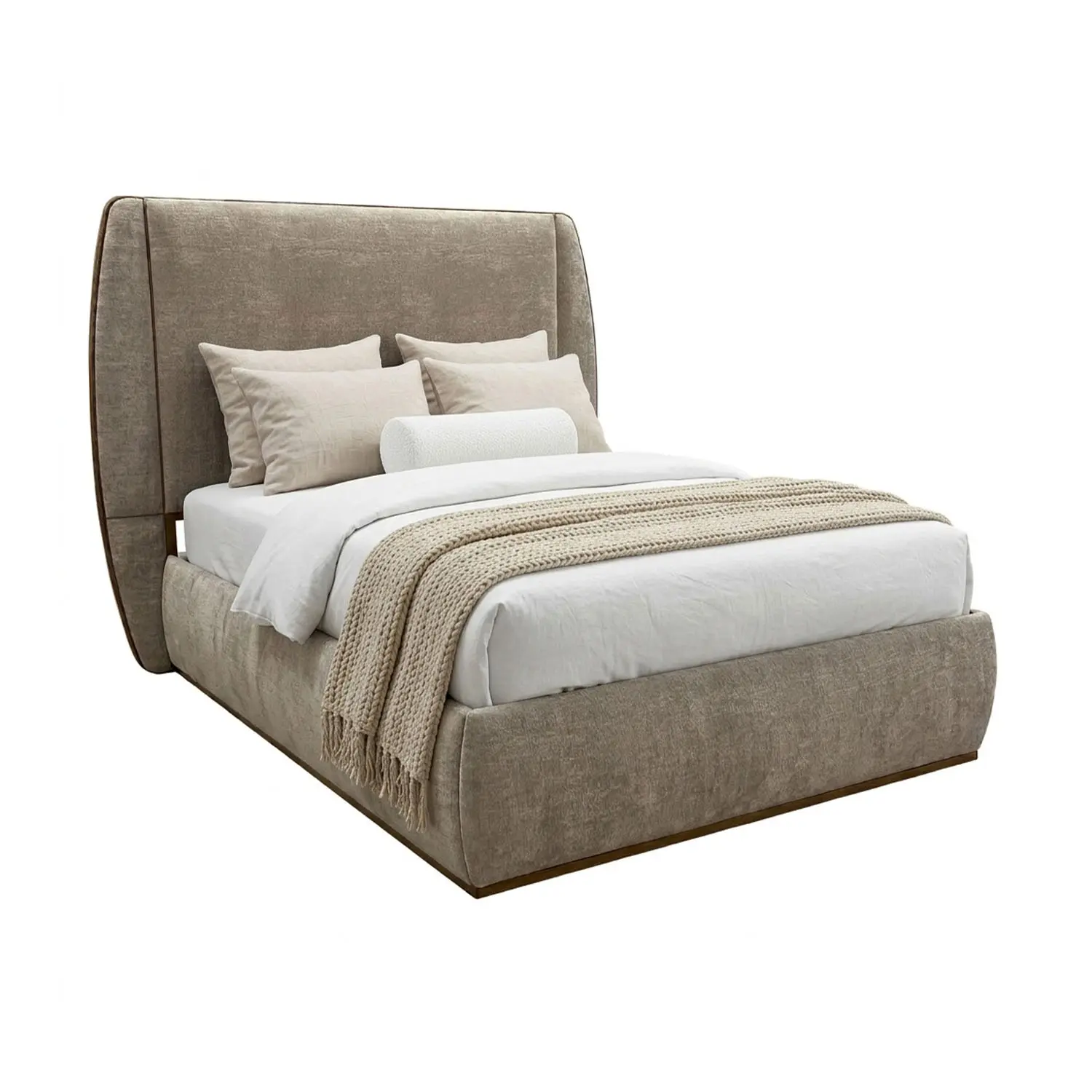 Laurent upholstered bed (1273) in Hand Brushed Copper Bliss Finish with Verona Wheat Fabric.
