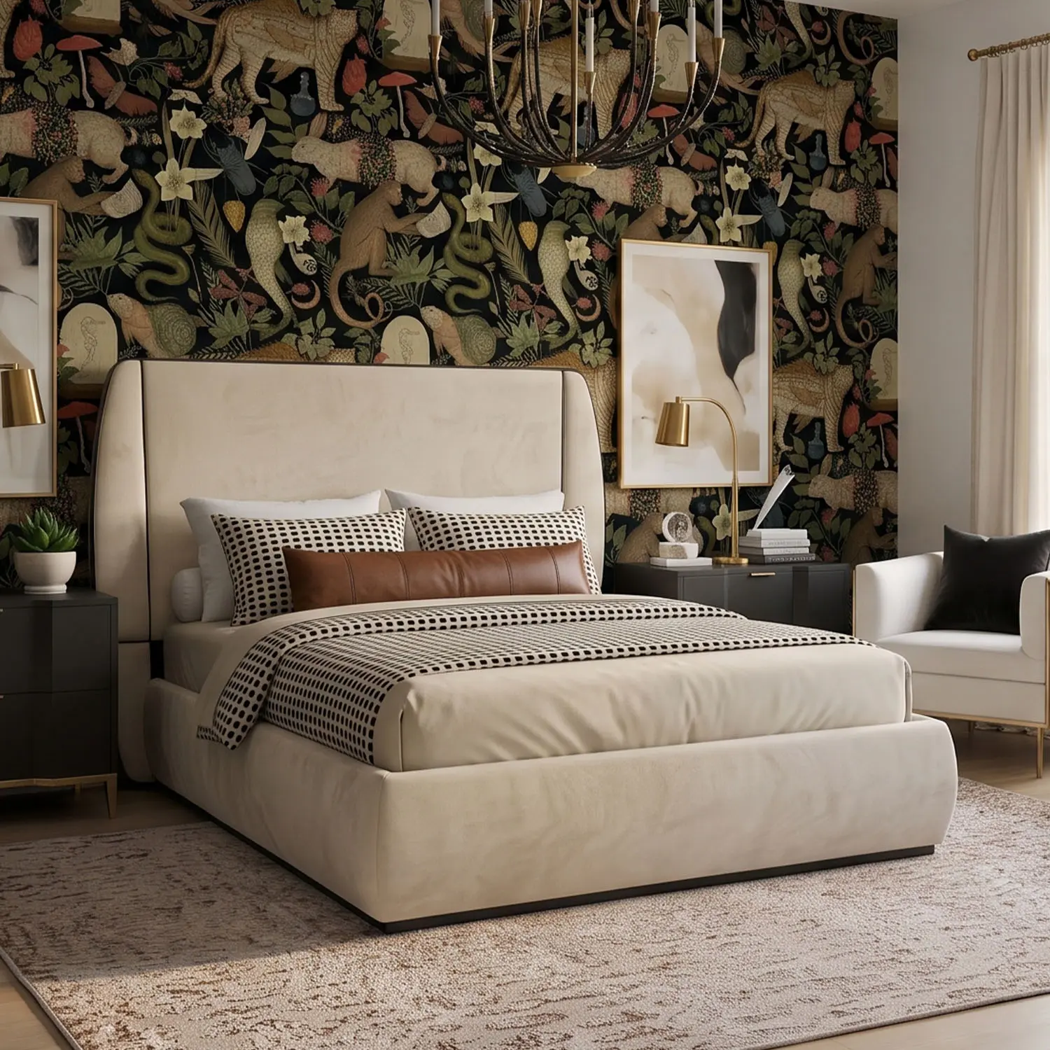Wesley Allen Laurent upholstered bed in Matte Black finish and Cream Velvet Performance fabric, styled in a high end modern eclectic bedroom with black and gold decor and Arya nightstands.