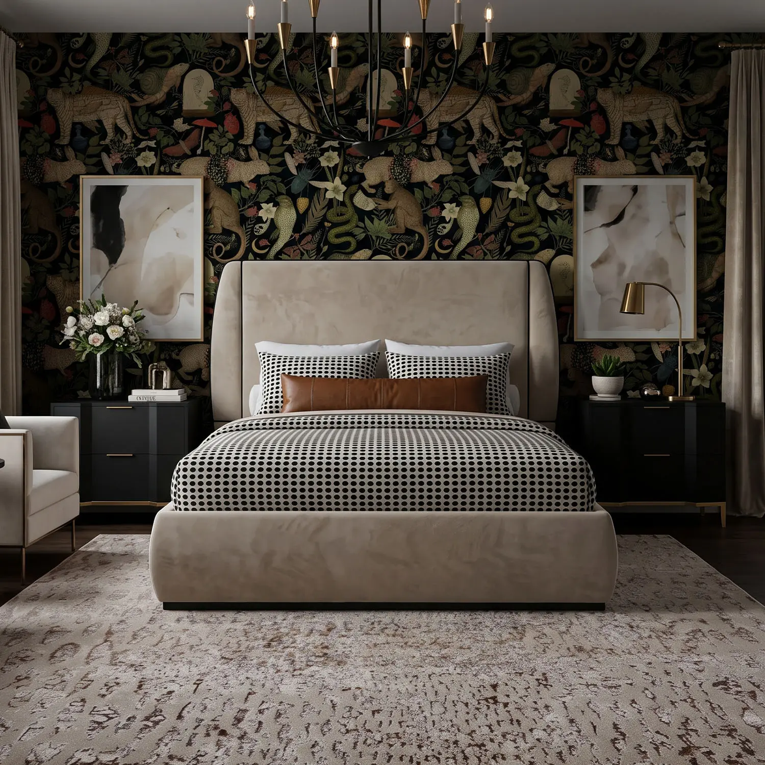 Wesley Allen Laurent upholstered bed in Matte Black finish and Cream Velvet Performance fabric, styled in a high end modern eclectic bedroom with black and gold decor and Arya nightstands.