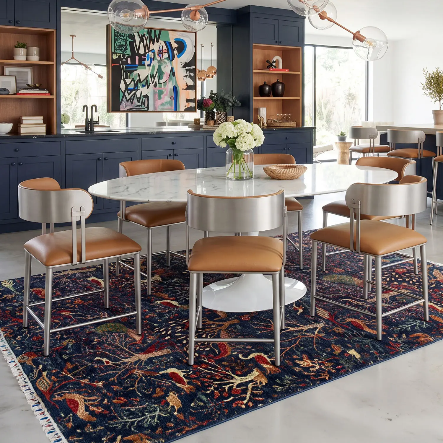 Six Sinclair dining chairs (DC807H18) in Hand Brushed Champagne and Dillon Luggage vinyl around a modern white table in an eclectic dining room.
