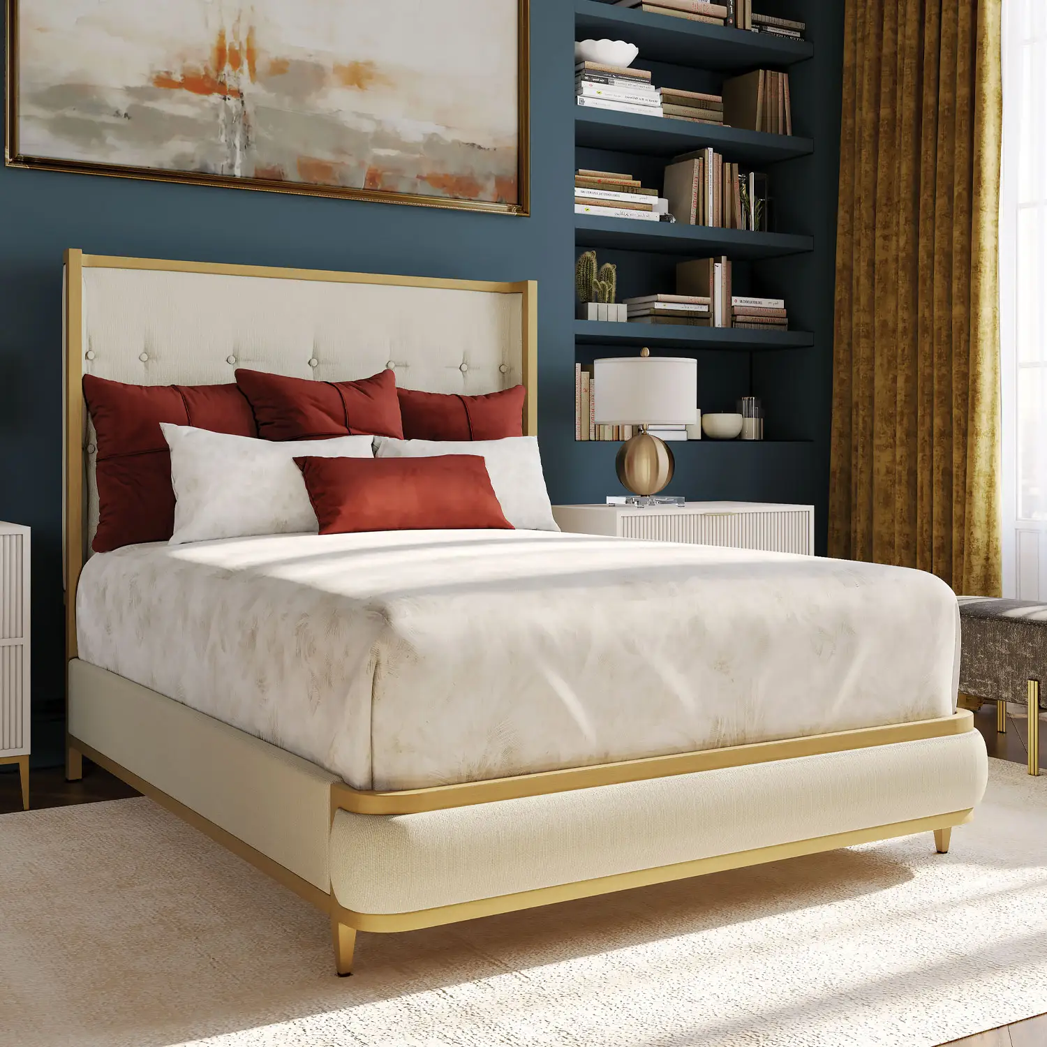 Broadway HBFS shown in Hand Brushed Gold Finish with Chalk Performance Fabric. The Broadway bed is show in a teal and gold elegant roomsetting.