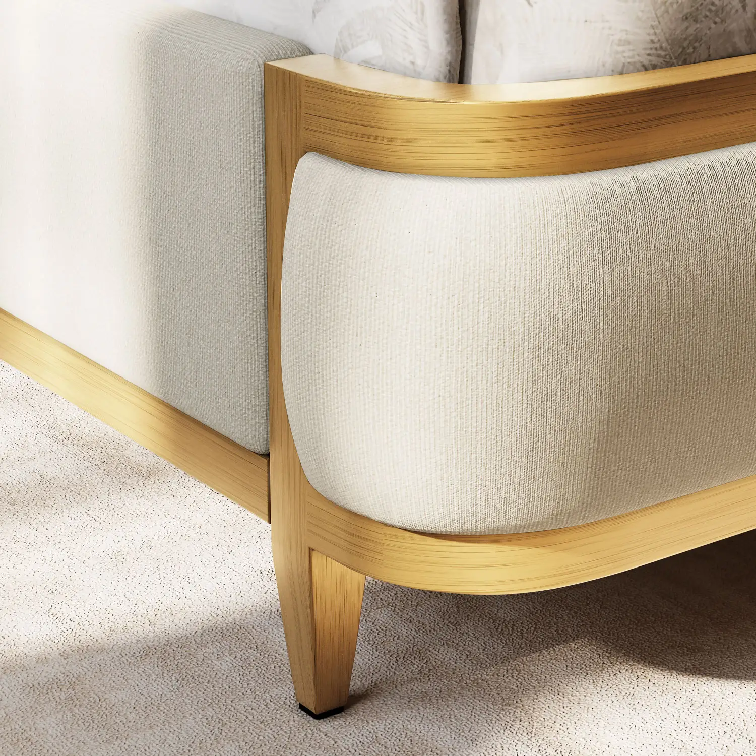 Broadway HBFS foot board closeup shown in Hand Brushed Gold Finish with Chalk Performance Fabric.