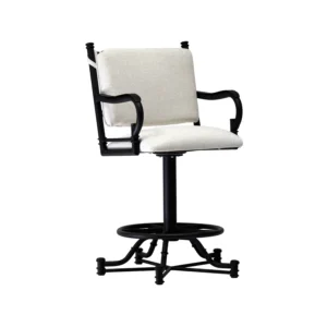 Portland Barstool shown in Matte Black finish with Sugarshack Pearl Performance fabric. Angle view of barstool shown.