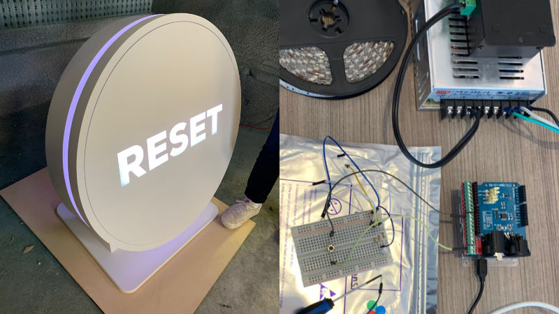 Giant novelty button with the word 'reset' displayed, electronics