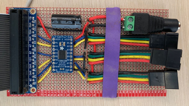home-made circuit board with lots of colorful wires