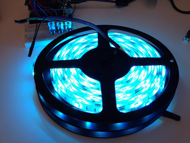 reel of led strip lights glowing