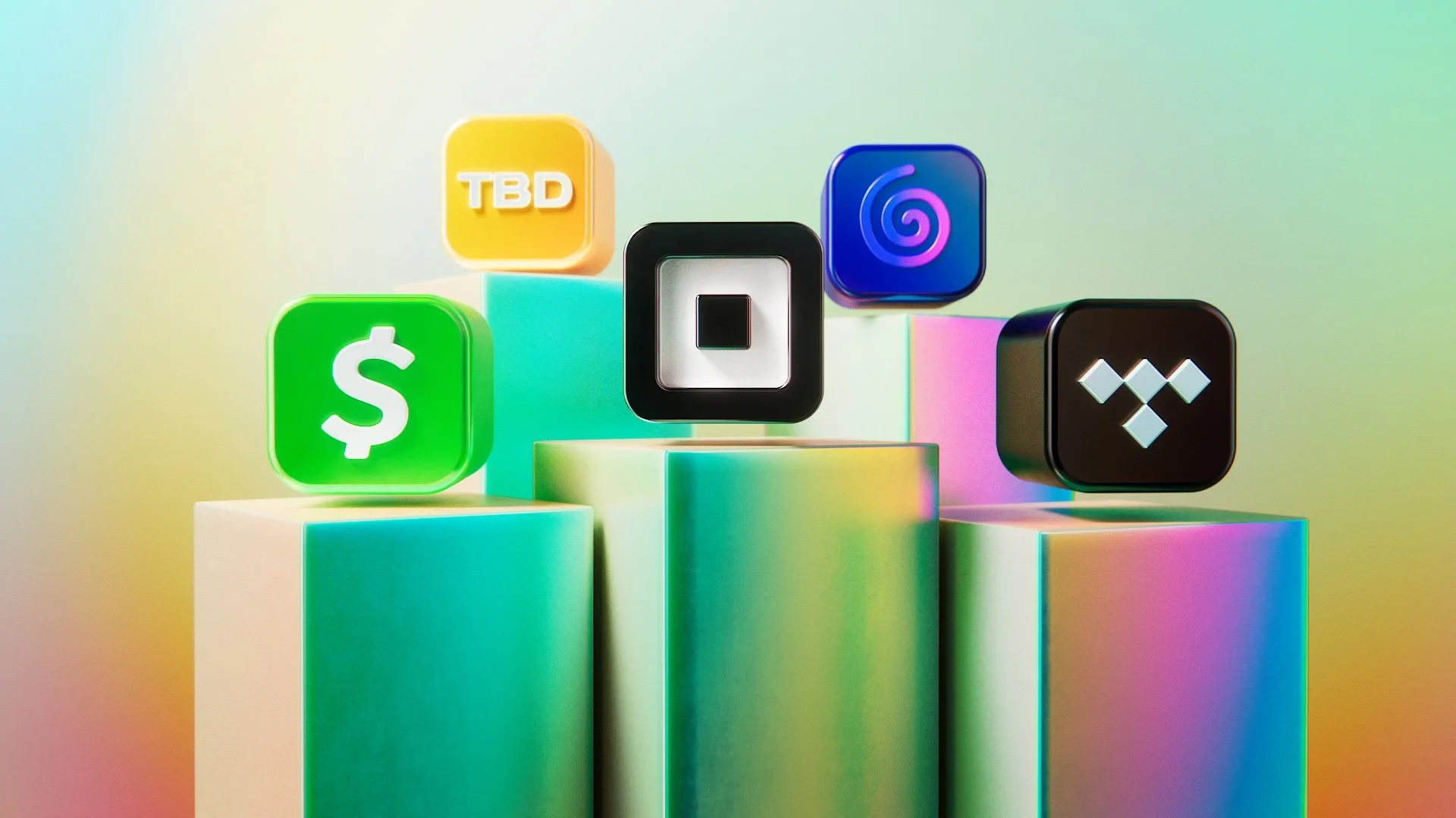 block business units: square, cash app, tidal rendered as 3D cubes on a pedistal