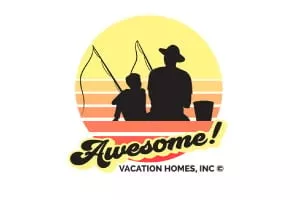 A digital logo for Awesome Vacation Homes, INC. The logo shows a father and son fishing with a bucket beside the father.