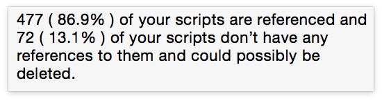 Mouseover text says that 477 (or 86.9 percent) of your scripts are referenced and 72 (or 13.1 percent) of your scripts don't have any references to them and could possibly be deleted.
