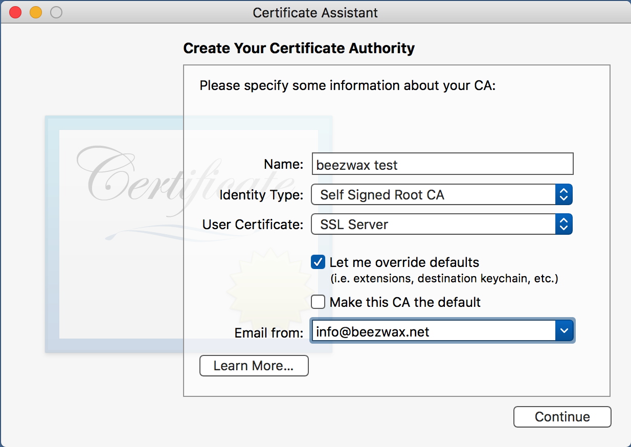 First Certificate Assistant screen for creating a root CA
