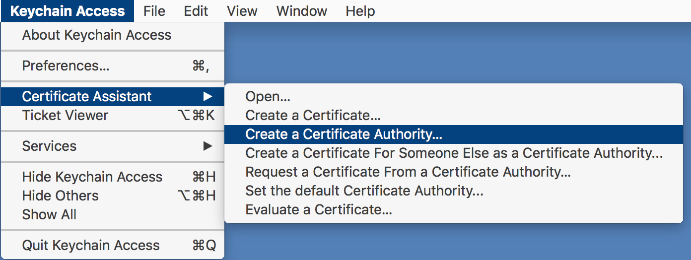 Menu selection used to launch Certificate Assistant