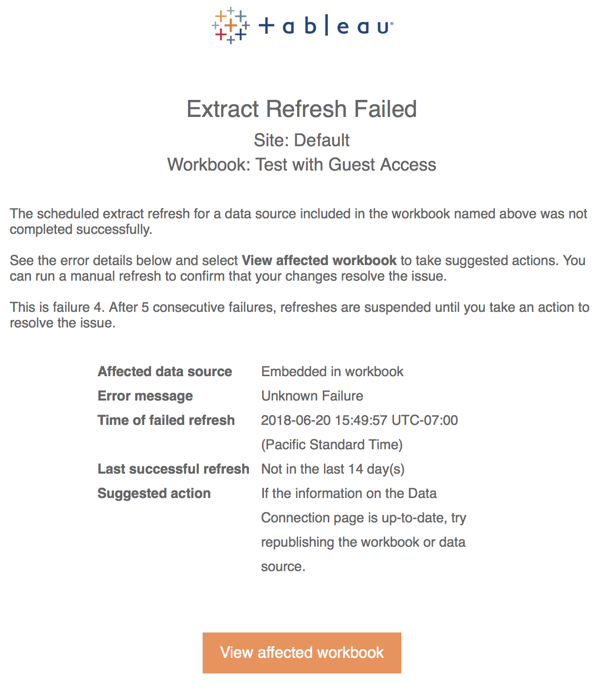 Extract Refresh Failed screen