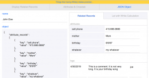 FileMaker demo file with tabs for Display Related Record, Attributes and Crosstab, and JSON Object