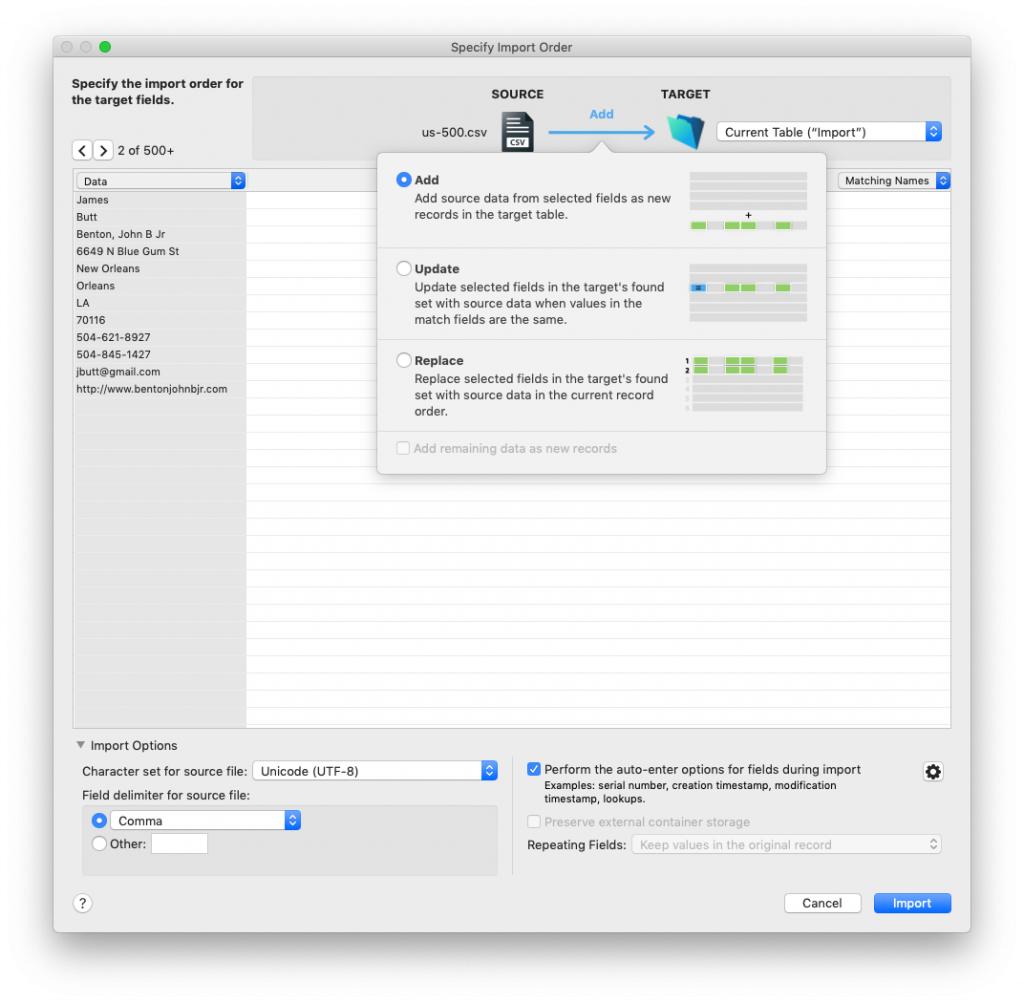 new FileMaker 18 import UI