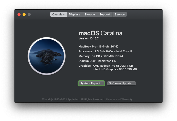 overview of configuration for Intel-based MacBook Pro running macOS Catalina