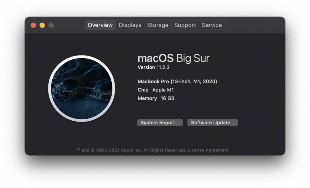 overview of configuration for M1-based MacBook Pro running macOS Big Sur