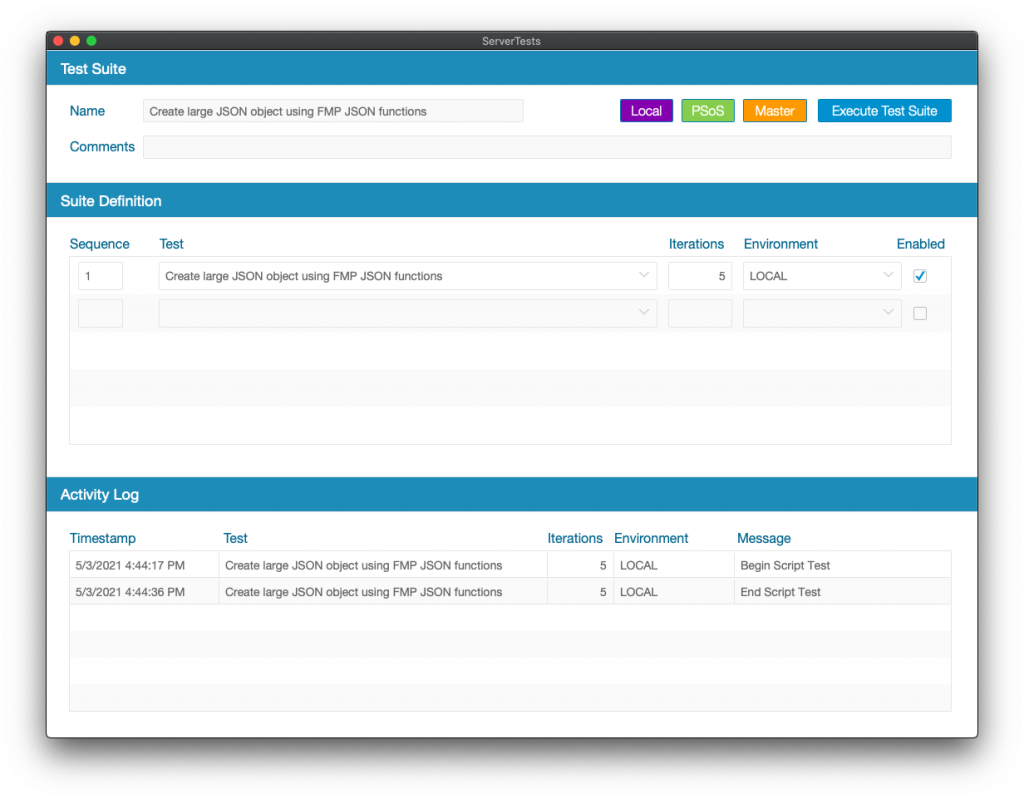 Test Suite for testing FileMaker operations