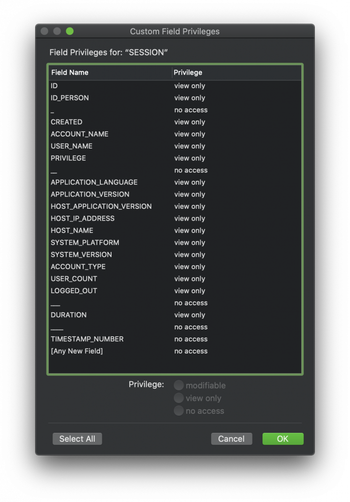 Custom privileges field configuration