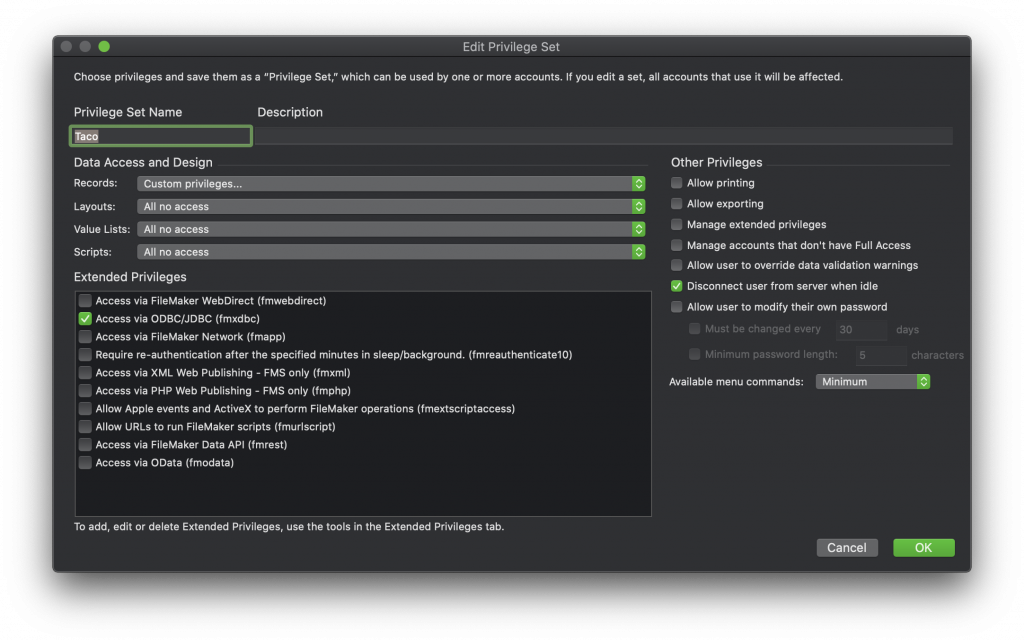 TACO privilege set configuration