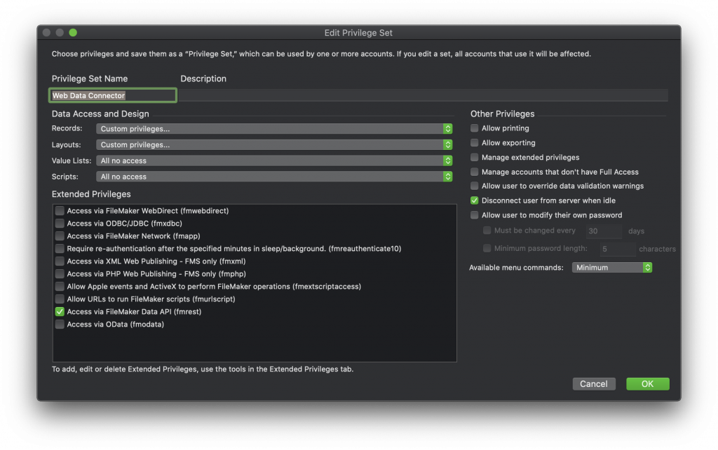 Web Data Connector privilege set configuration