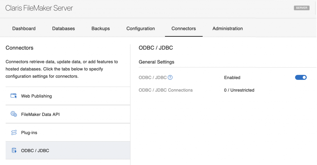 FileMaker Server admin JDBC enabled