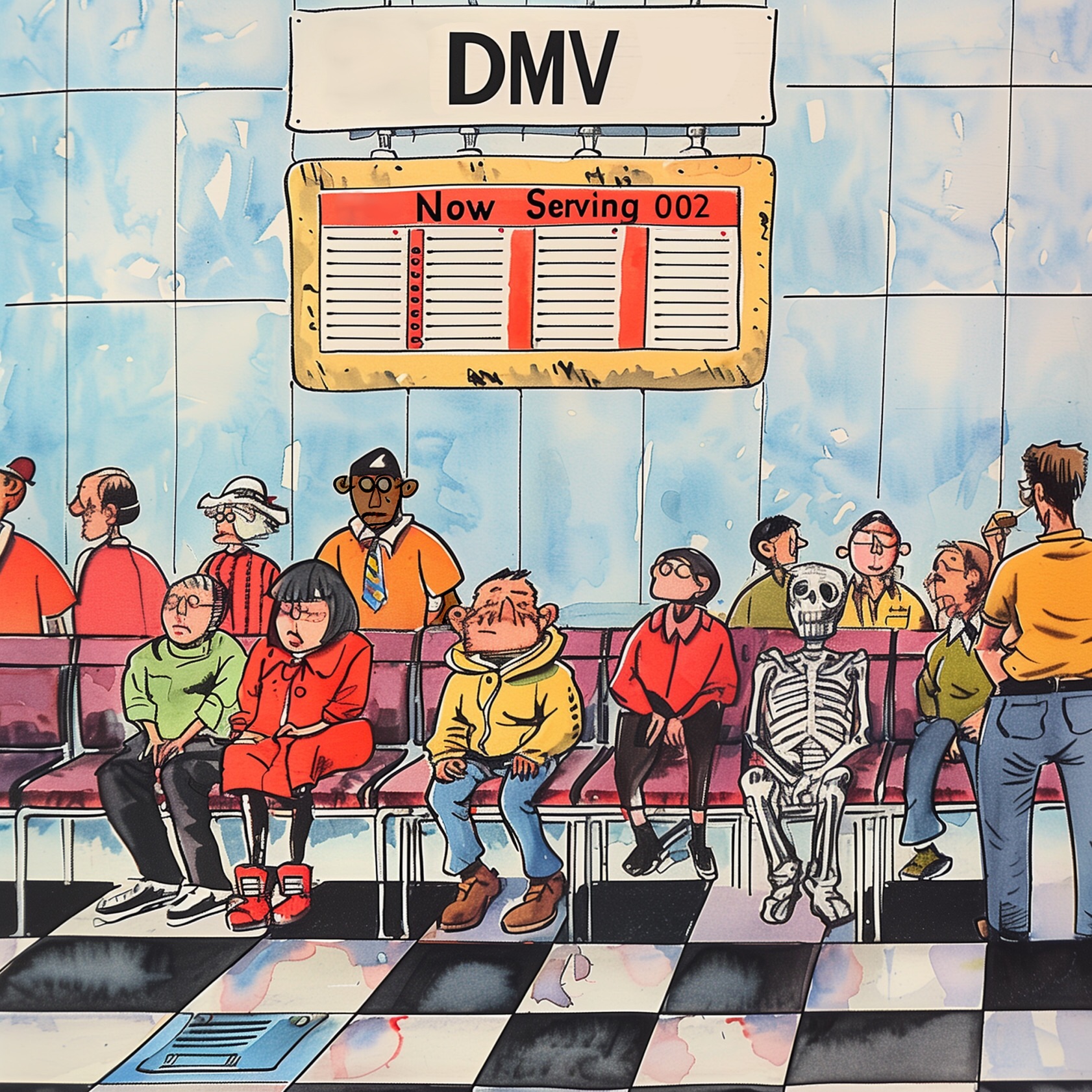 DMV waiting area with people and one skeleton waiting - Now serving number 2 