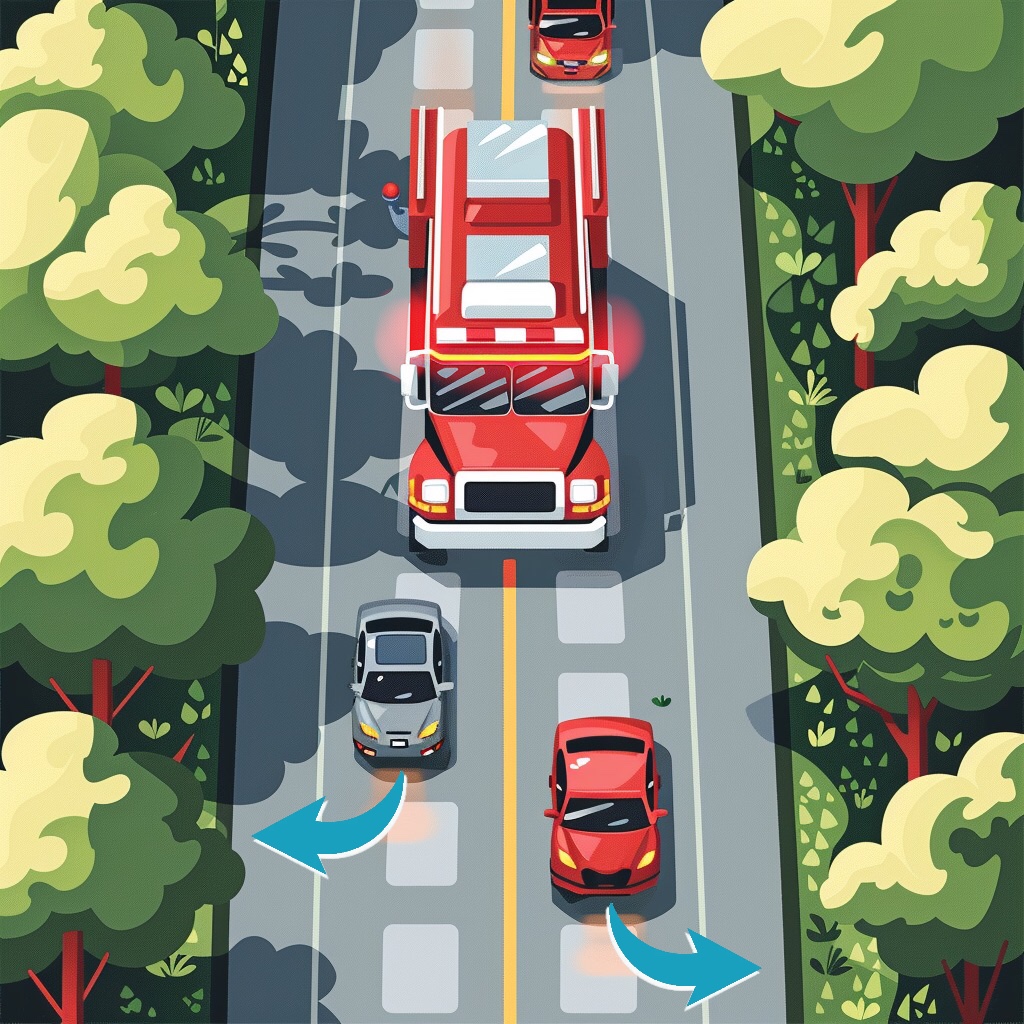 fire engine coming down the road with two cars getting out of the way