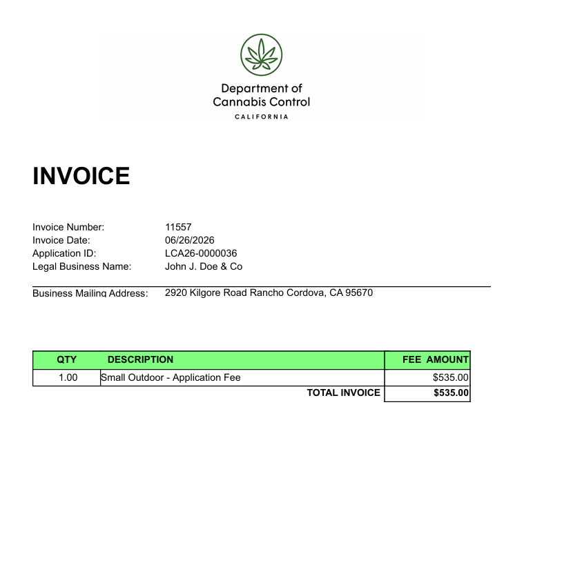 Invoice for the application fee from the Department of Cannabis Control