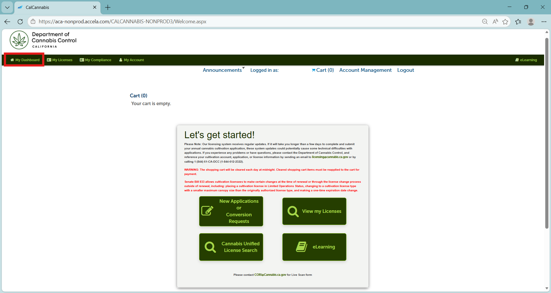 My Dashboard page with links to New Applications or Conversion Requests, View my Licenses, Cannabis Unified License Search, and eLearning. Red box highlights the My Dashboard link.