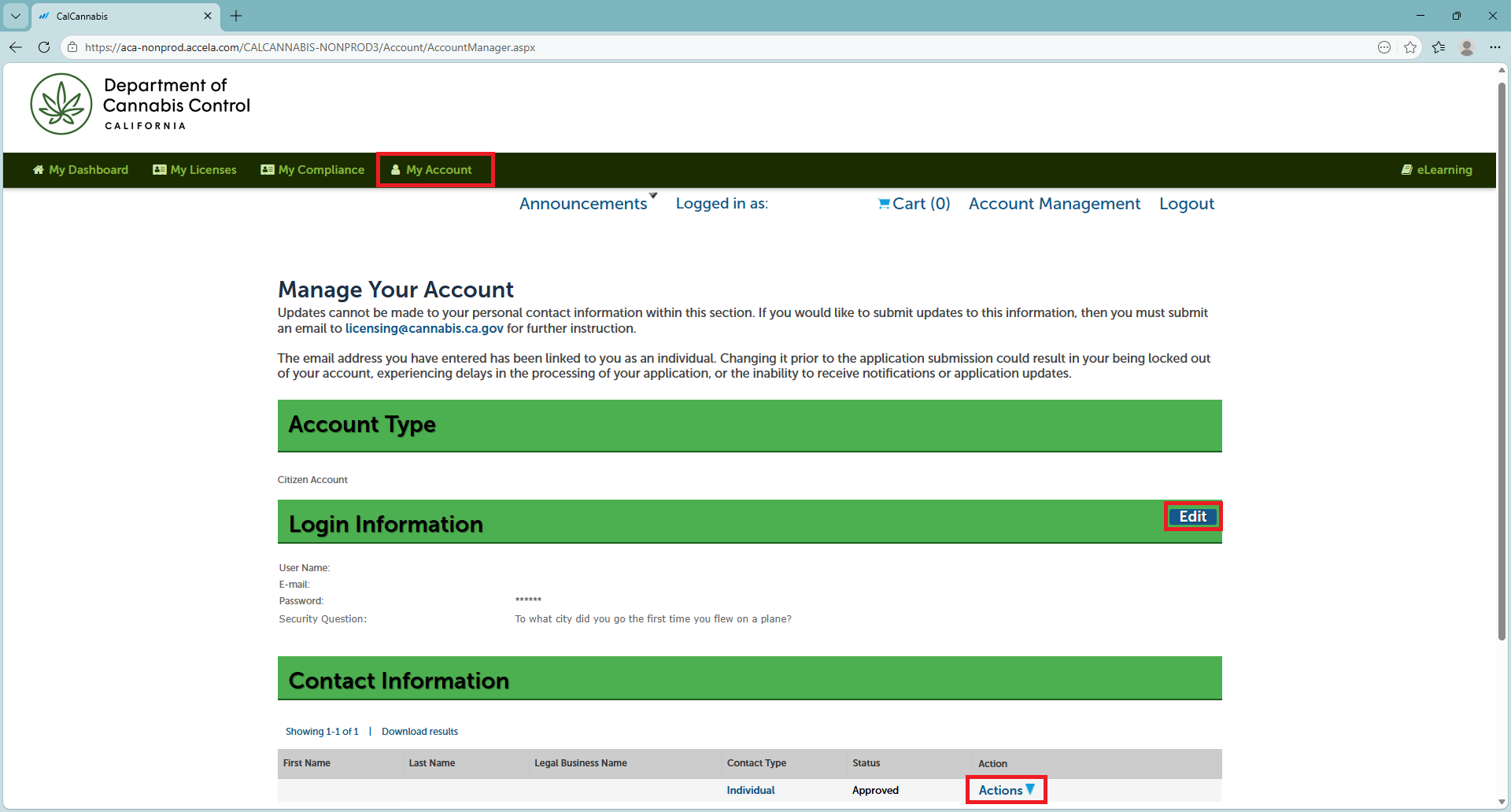 My Account page with Edit and Actions options for login and contact information