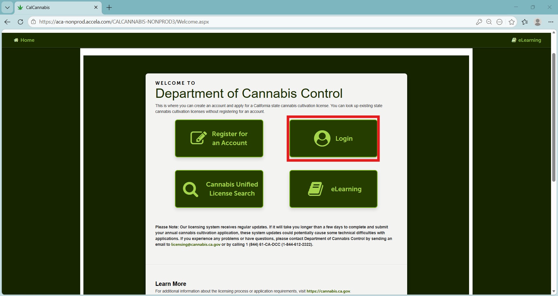 Login page. Red box surrounds Login link.