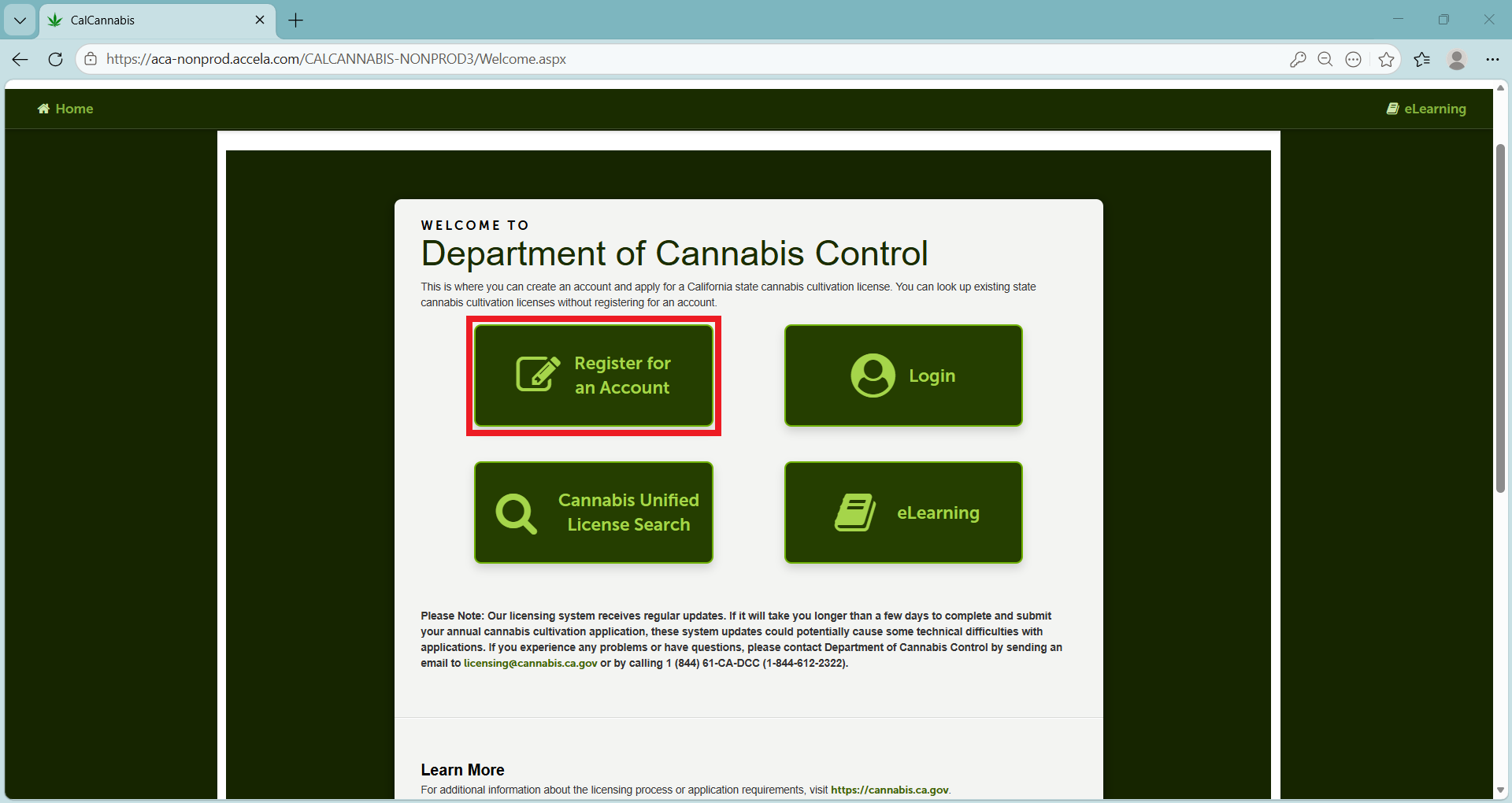 Cultivation Licensing System homepage with options for “Register for an Account,” “Login,” “Cannabis Unified License Search,” “eLearning”, and “Register for an Account”