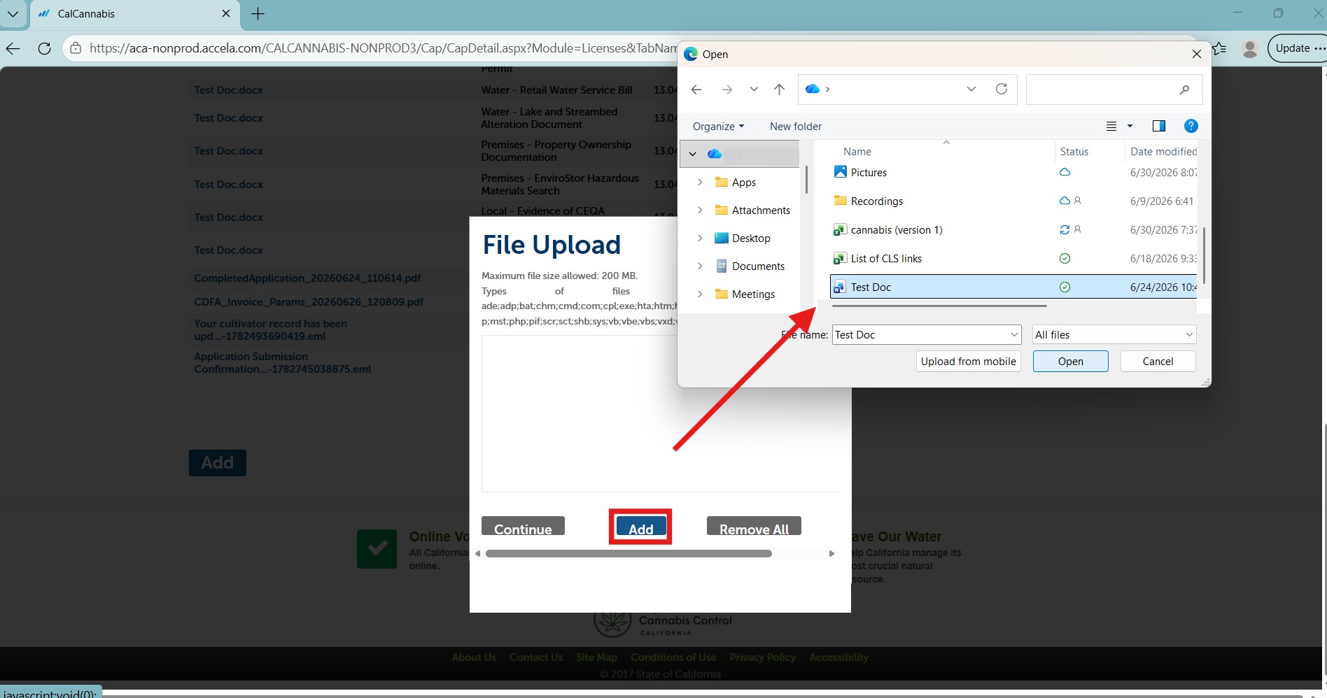 File Upload dialog showing a file selected to attach to the application