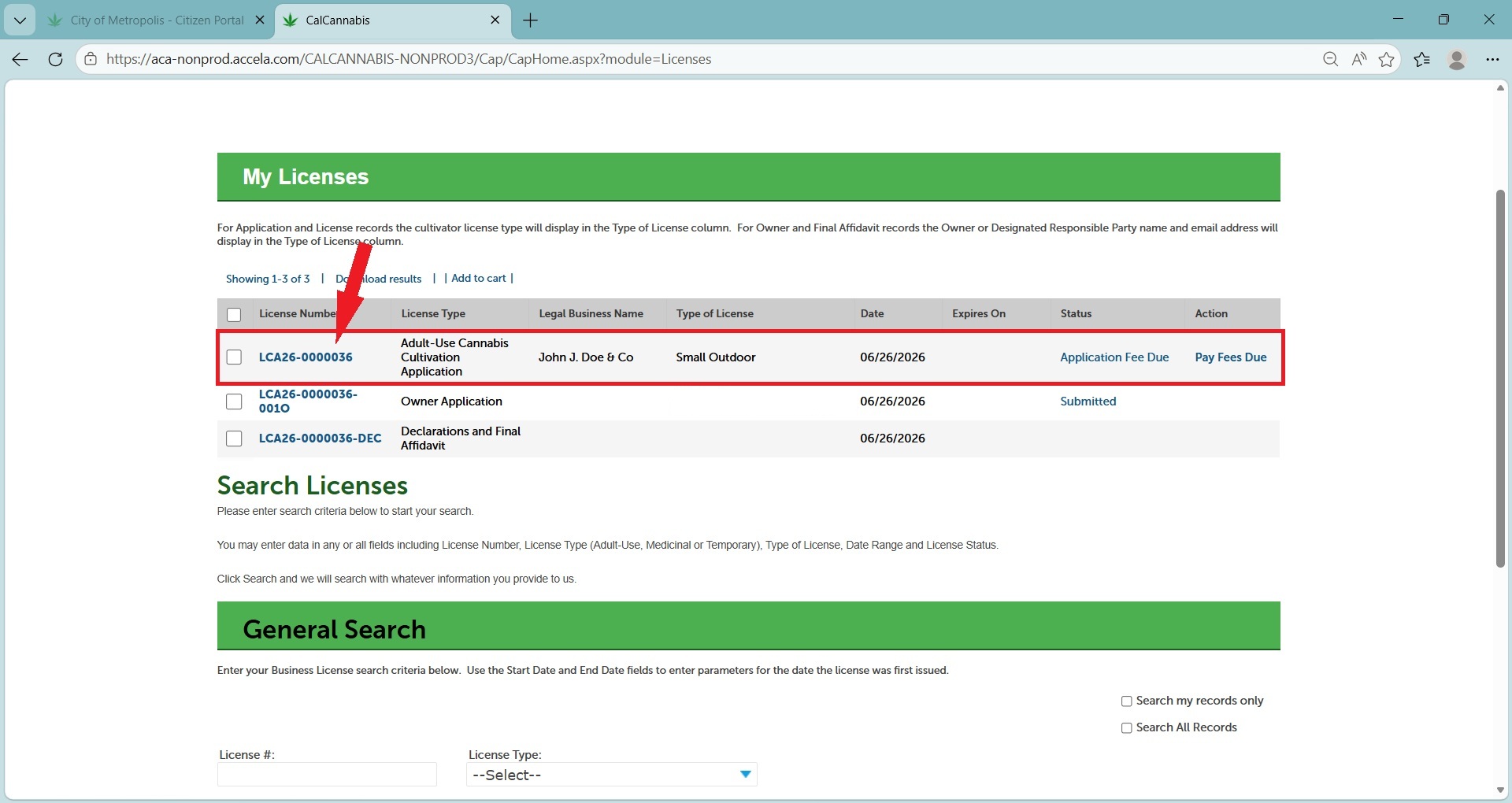 License list showing a submitted small outdoor cultivation application with a blue application number link