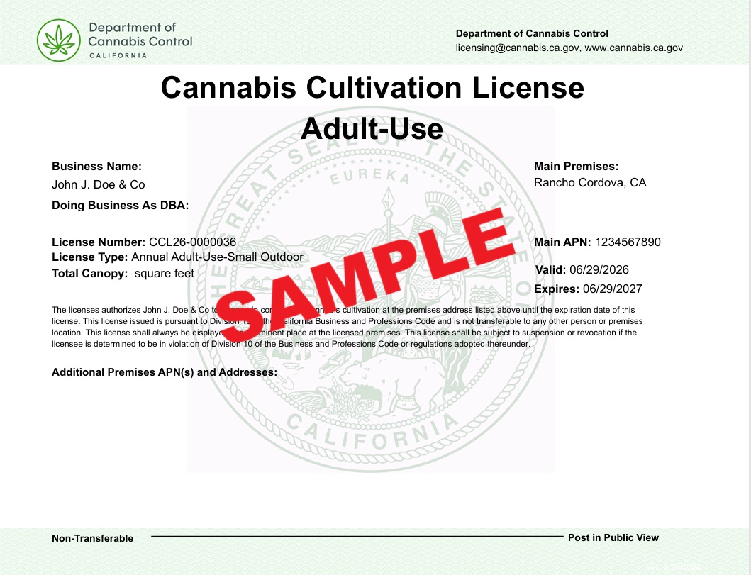 Sample cannabis cultivation license certificate