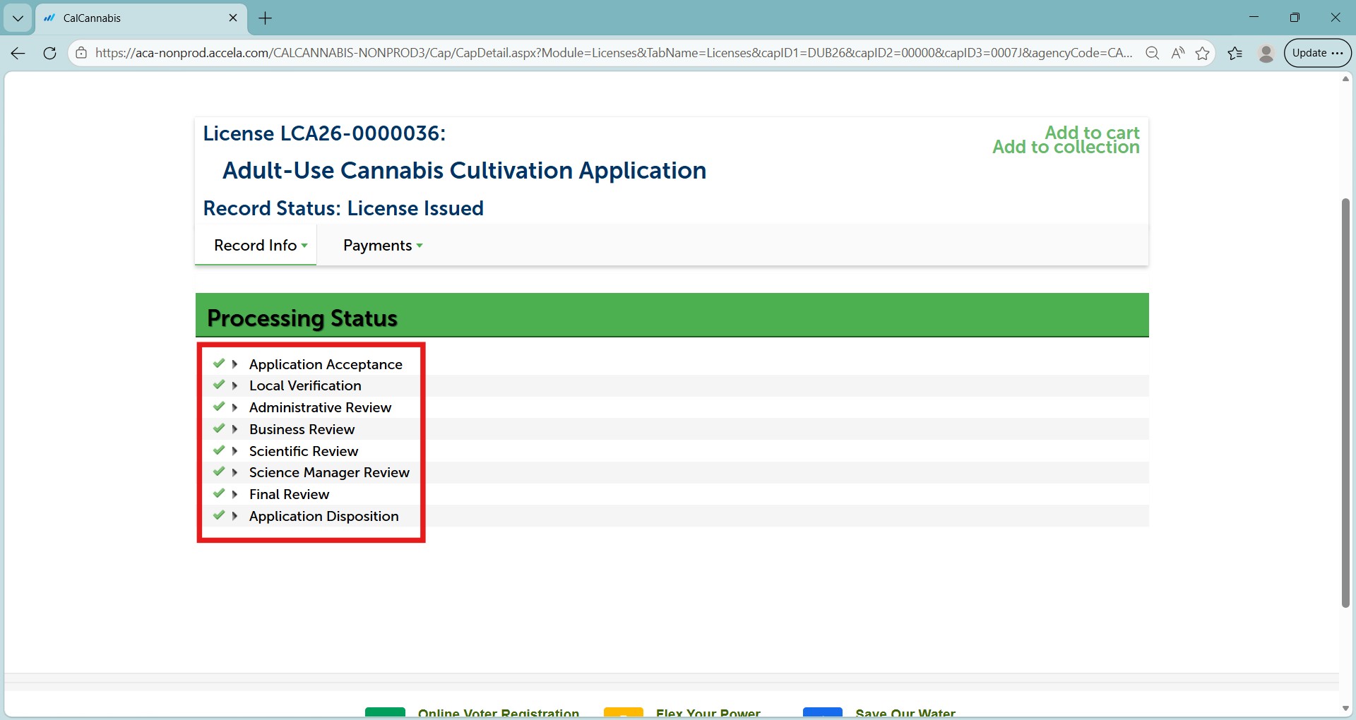 Processing status showing review steps and completion icons