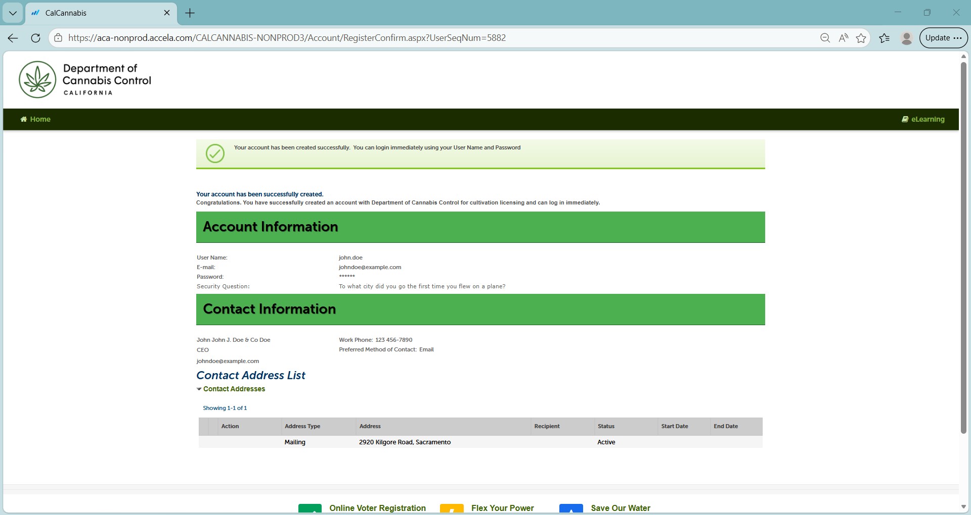 Account created confirmation screen with a green success message displayed at the top.