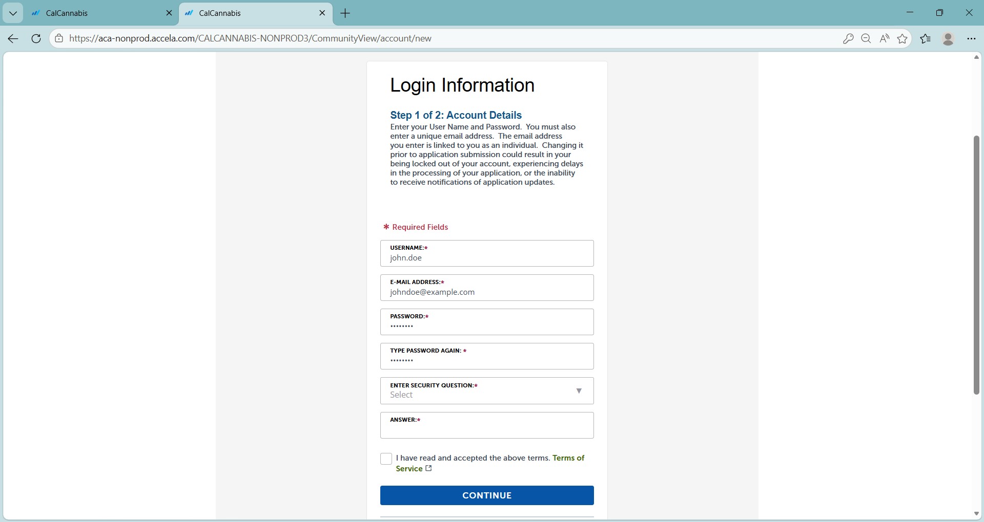 Login Information page, Step 1 of 2, with fields for username, email address, password, confirm password, security question, and answer; “Continue” button at bottom