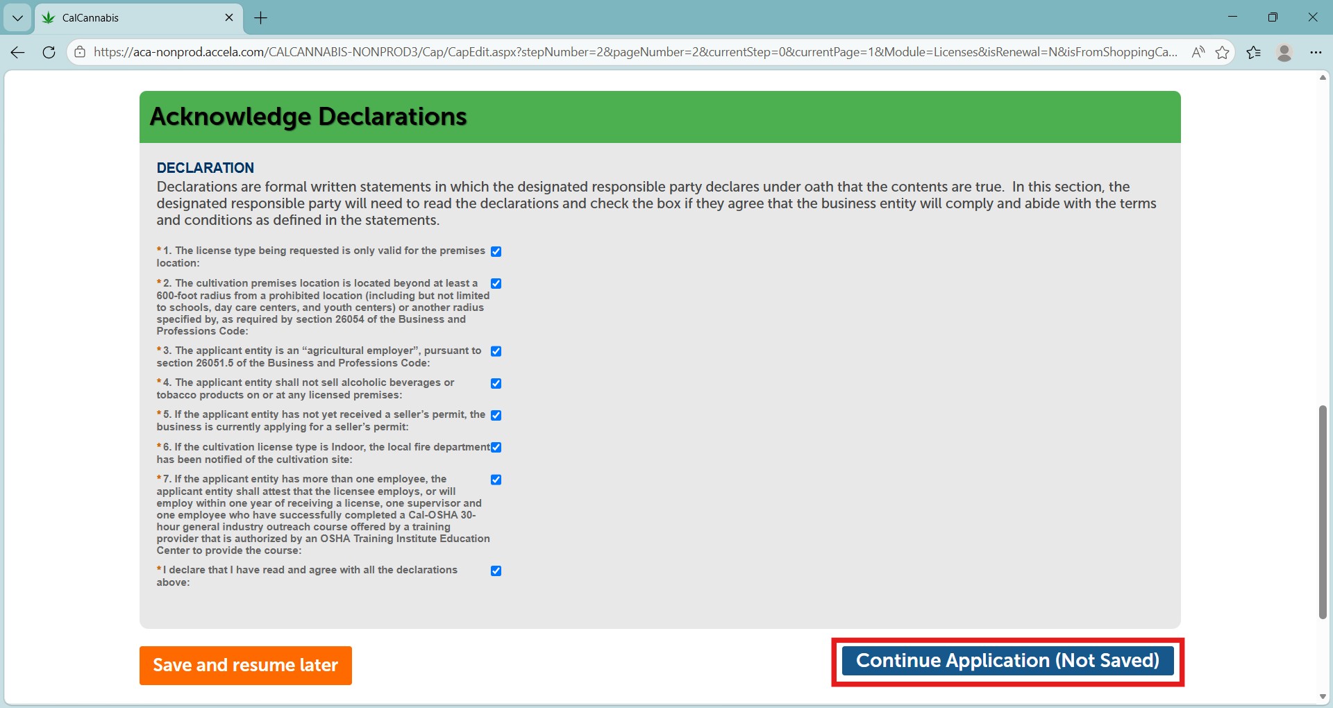 Acknowledge declarations and check the required boxes before continuing the application