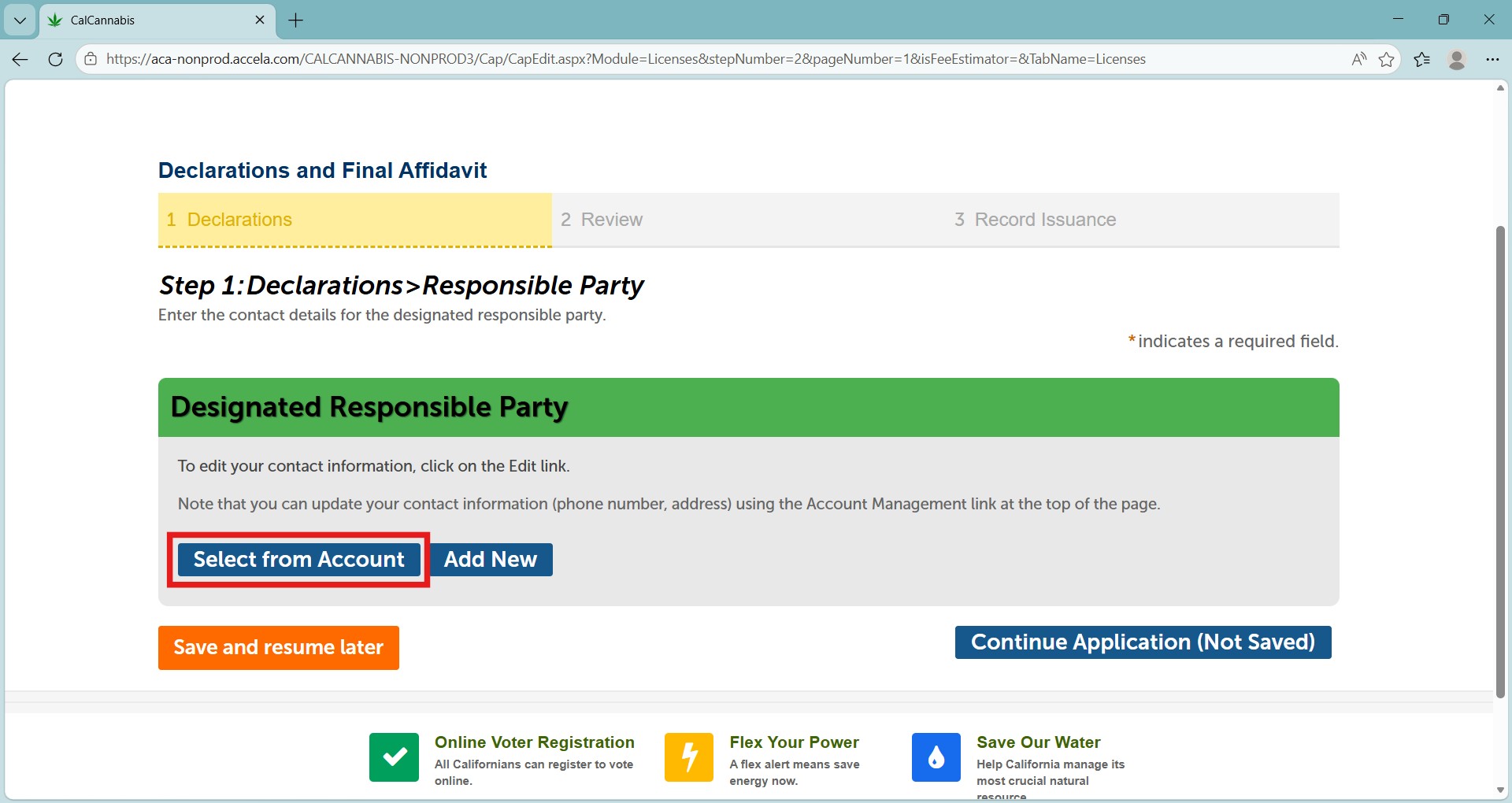 Select from Account to add contact information from your registration
