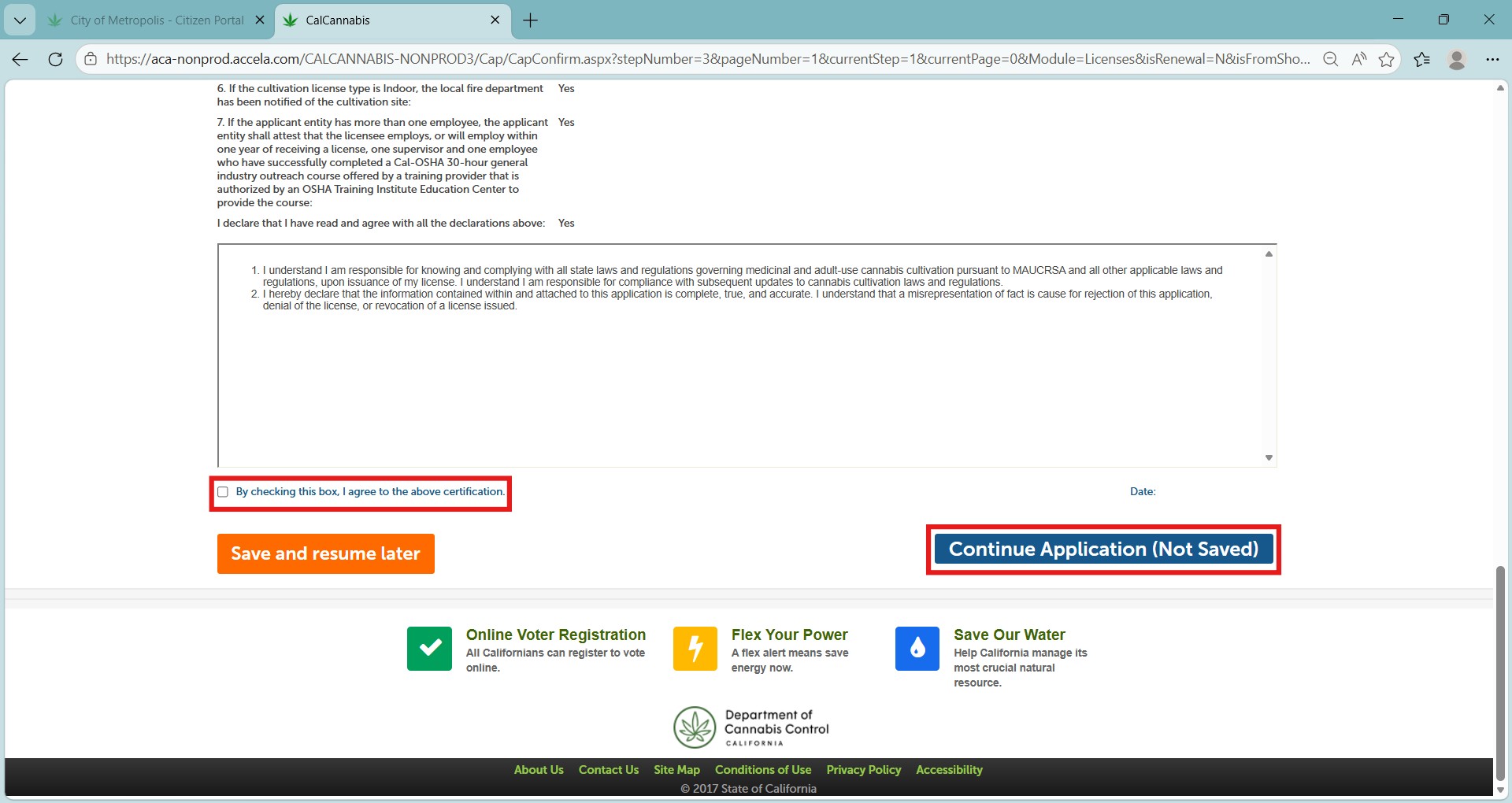 Review the form, certify it, and continue the application